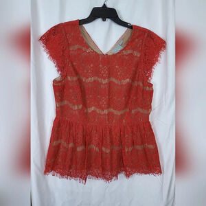 Maeve Anthropologie‎ Katrine Red Orange Peplum Lace Short Cap Sleeve Blouse Sz L